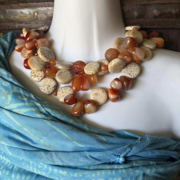 7. Fossilized coral and carnelian necklace, multiple strands!