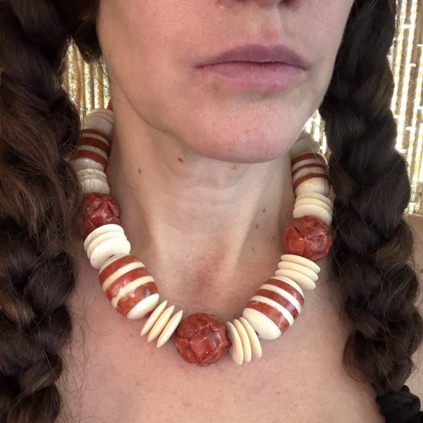19" Artisan Bovine and Coral Beaded Statement Necklace Designed by Barbara Wright