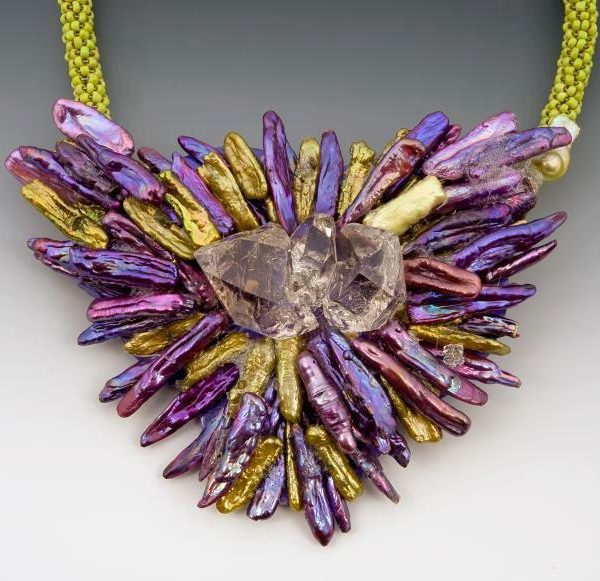 Quartz Crystal and guilded natural pearl choker necklace by Jo Anne Brooks.
